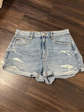 Garage Light Blue Distressed Denim Mom Jean Shorts
